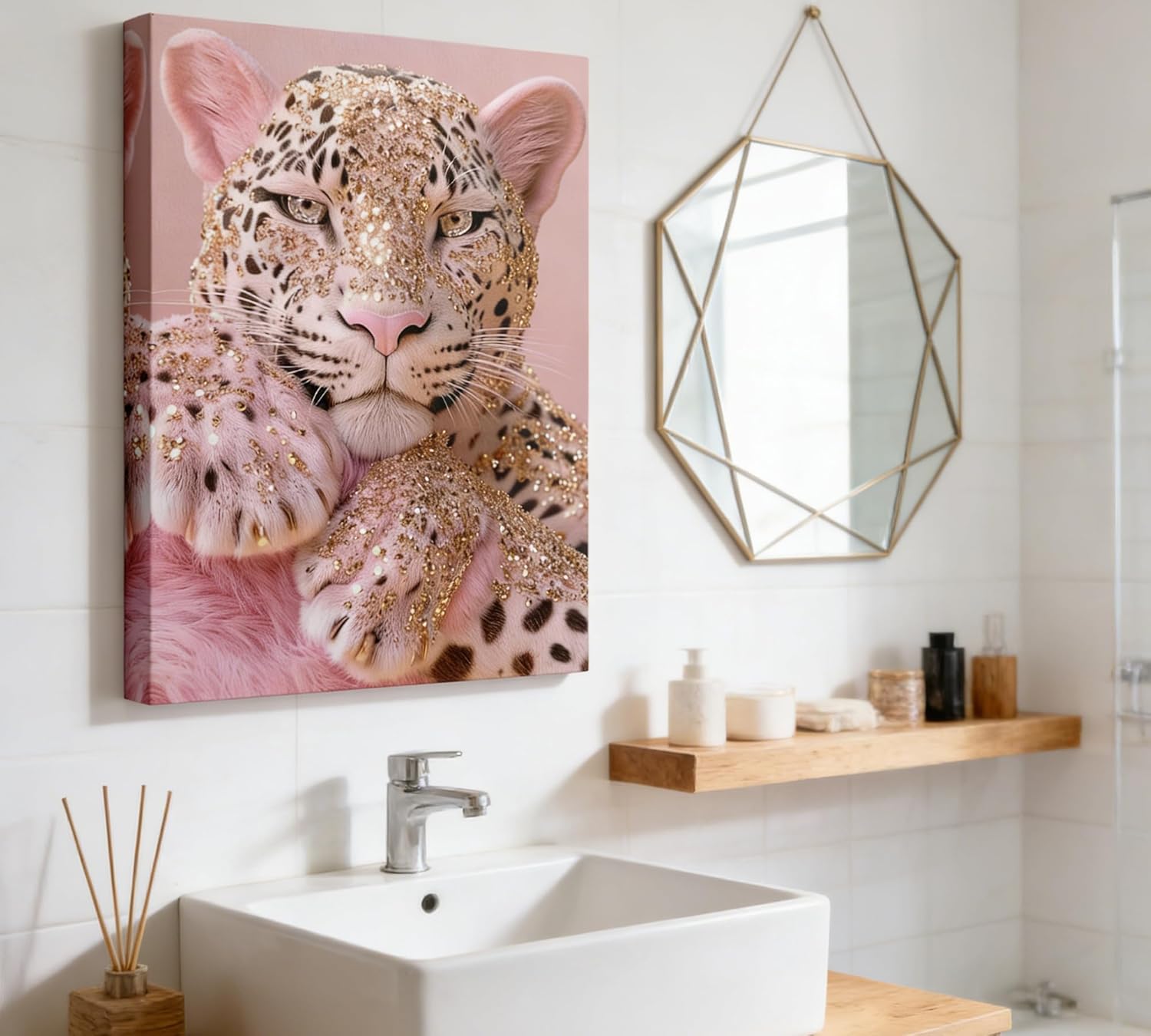 Pink Leopard with Gold Glitter Canvas Wall Art - 16x24 Inches Framed Wall Decor for Bedroom, Living Room, Bathroom - Modern Glam Animal Print Artwork for Home Decoration
