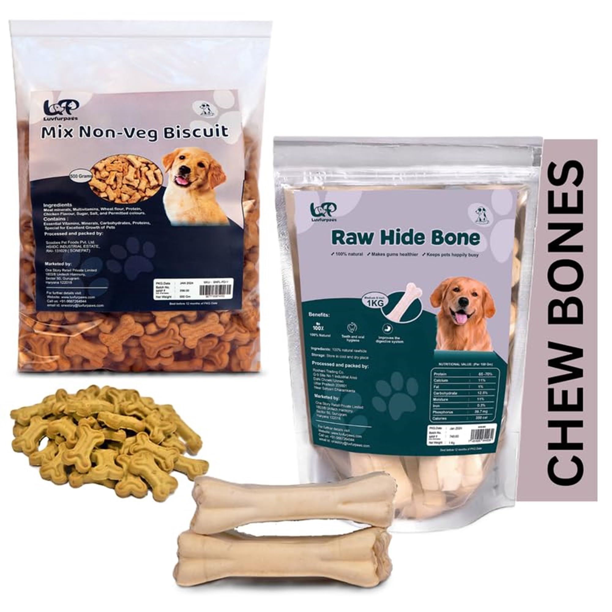 Luvfurpaws Rawhide Dog Chew Bones for Puppies (3 Inches, 1kg) + Dog Biscuits - Real Chicken Flavor (500g) - Enriched with Calcium, Healthy Treats (B0CYGX14LZ) Amazon Price History, Amazon Price Tracker