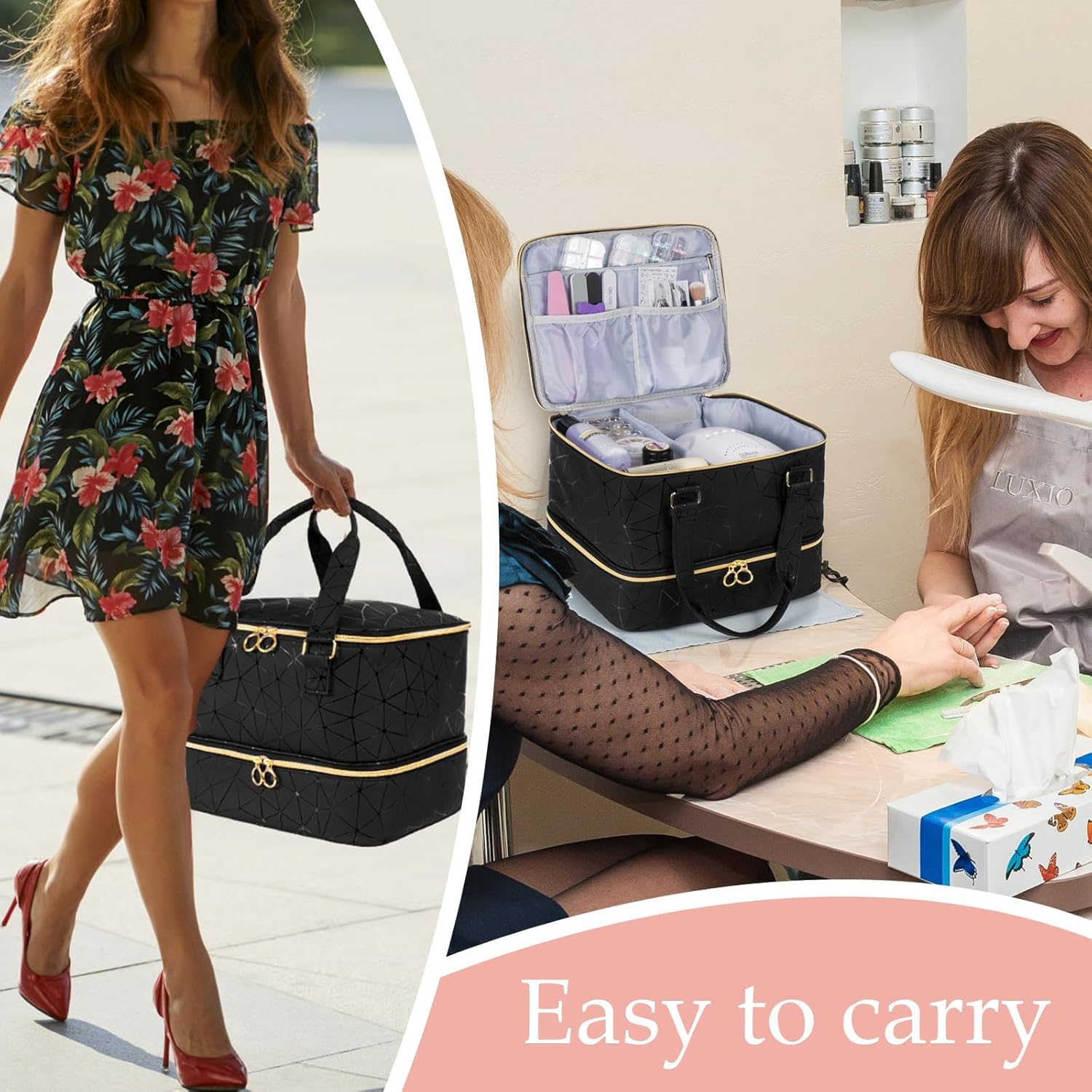 Neceser de gran capacidad y maletín de maquillaje, organizador de cosméticos, organizador de esmalte de uñas, multifuncional, 3 niveles para diseño de uñas, accesorios de diseño de uñas, material de