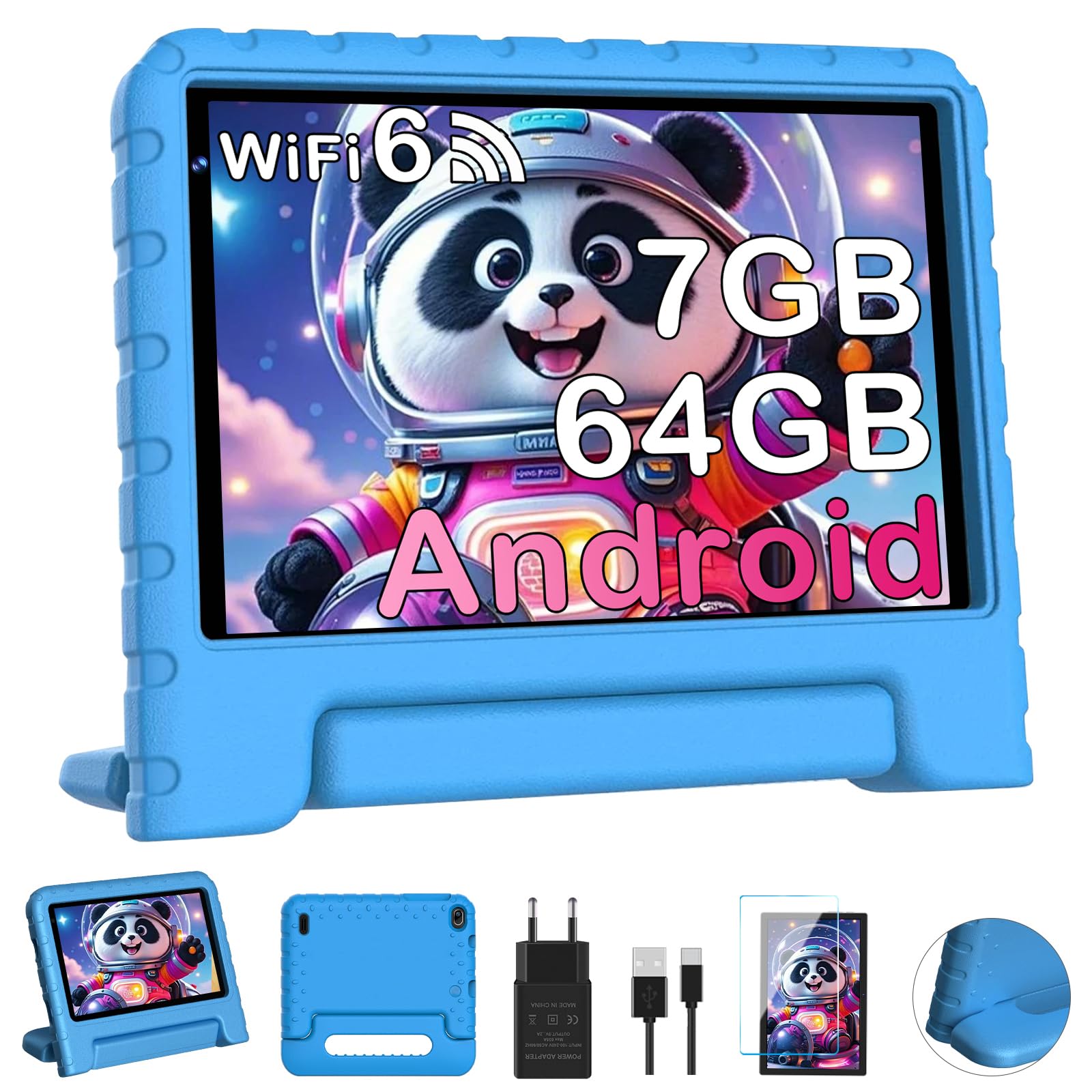 Dghrti Tablet 7 Pollici Android, Quad-core, 7GB +64GB (TF 512GB), Controllo Parentale, 3500mAH, BT 5.0, 5+8MP, Tablets con EVA Custodia Protettiva,Blu