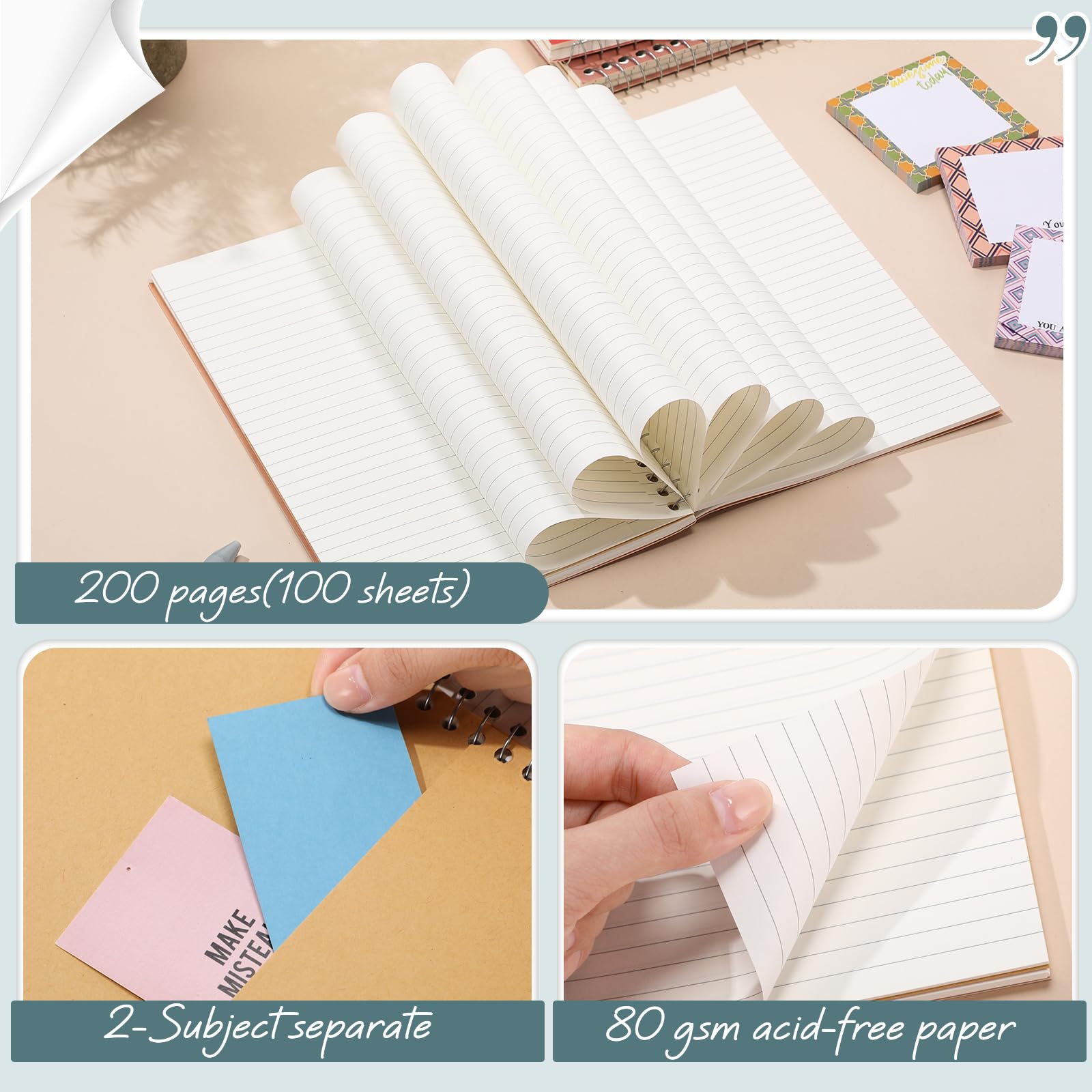 Teling Lot de 6 petits carnets à spirale 2 sujets lignés 24,9 x 15,2 cm, 100 feuilles de couleurs assorties, ligne facile à déchirer pour le bureau (couleur pastel)