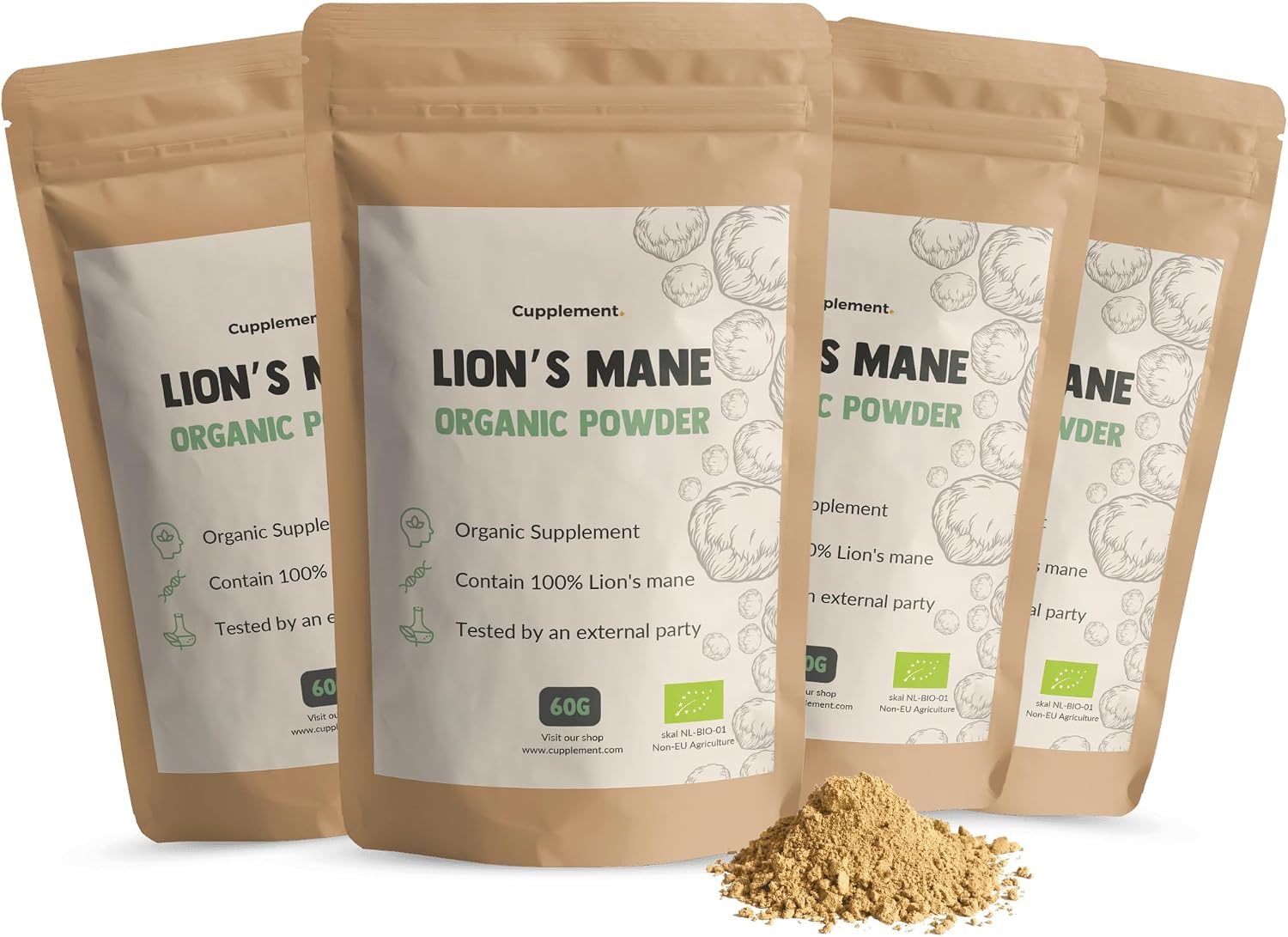 Lion's Mane Powder Organic Combination Ideal 4 x 60 g - Hericium Erinaceus - Focus