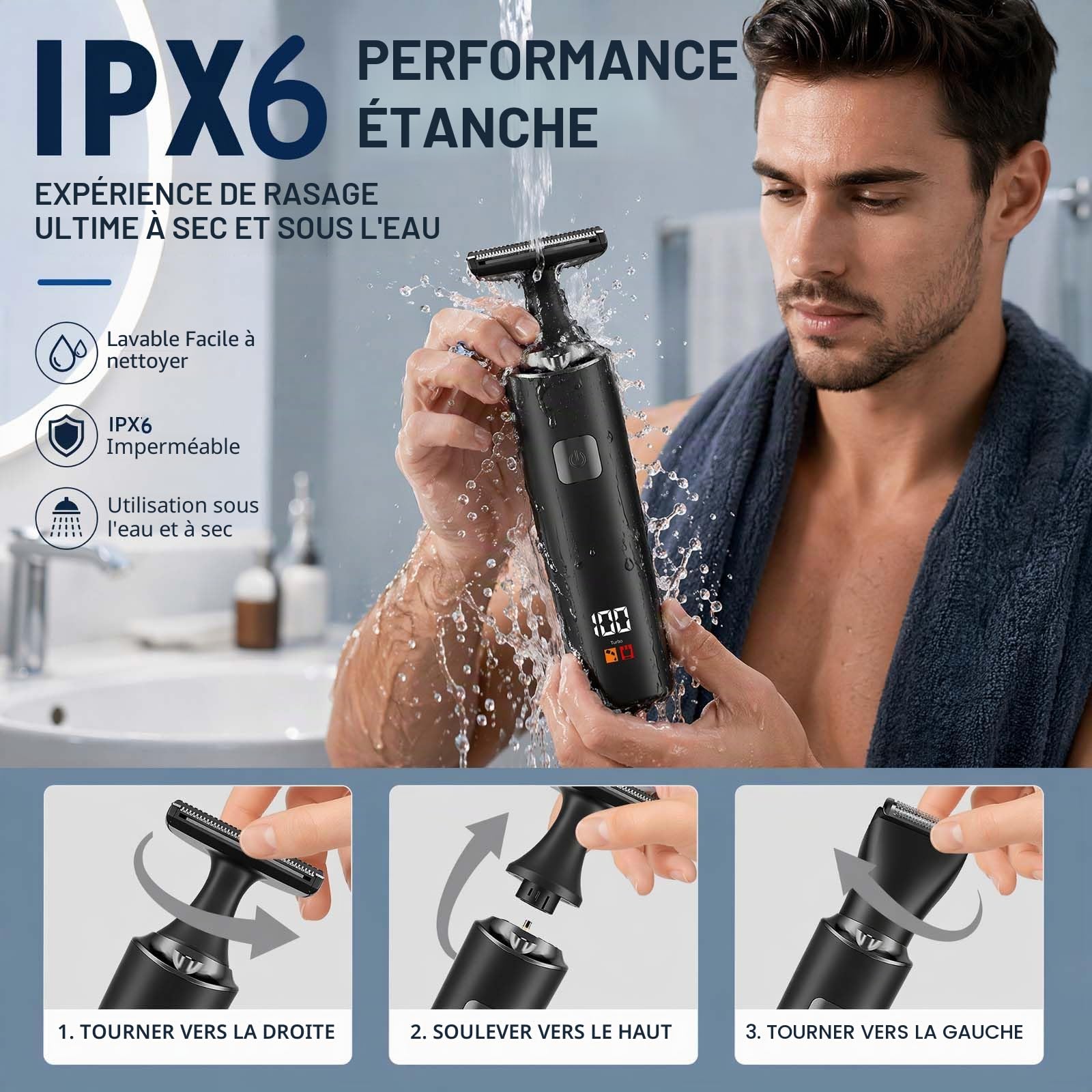 Rasoir de Dos pour Hommes, Tondeuse Corps Homme Kit 5 en 1 avec Bras Auxiliaire Extensible Étanche, pour le Dos, la Poitrine et les Épaules (A)
