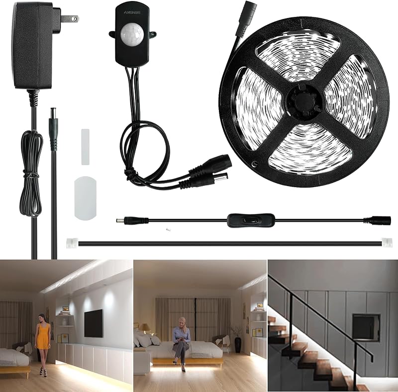 Sensky 8.2ft Motion Activated LED Strip Light Kit with FCC Listed Adapter for Gun Safe, Under Cabinet, Under Bed, Pantry, Kitchen, Stairway, Closet Lighting (Cool White,Upgraded Version)