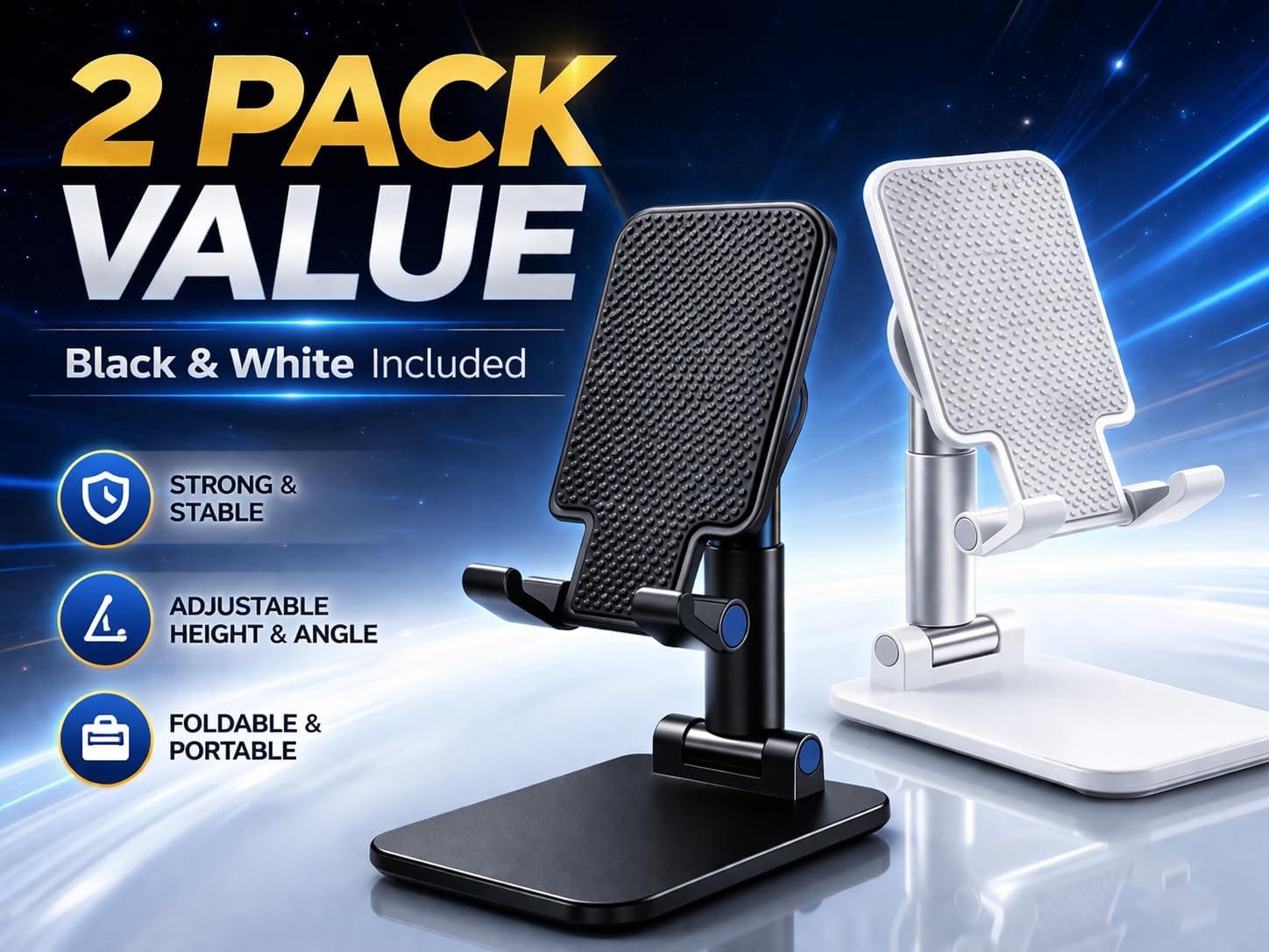 Adjustable Phone Stand for Desk, Foldable Cell Phone Holder with Height & Angle Adjustment, Anti-Slip Base, Compatible with iPhone, Android & Tablets, 2 Pack (Black & White)