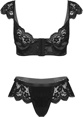Amazon.com: dPois Conjunto de lencería de satén para hombre, 2 piezas,  sujetador de encaje y bragas con falda : Ropa, Zapatos y Joyería
