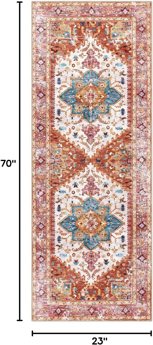 Blue and Pink Medallion Low Pile Washable Runner Rug
