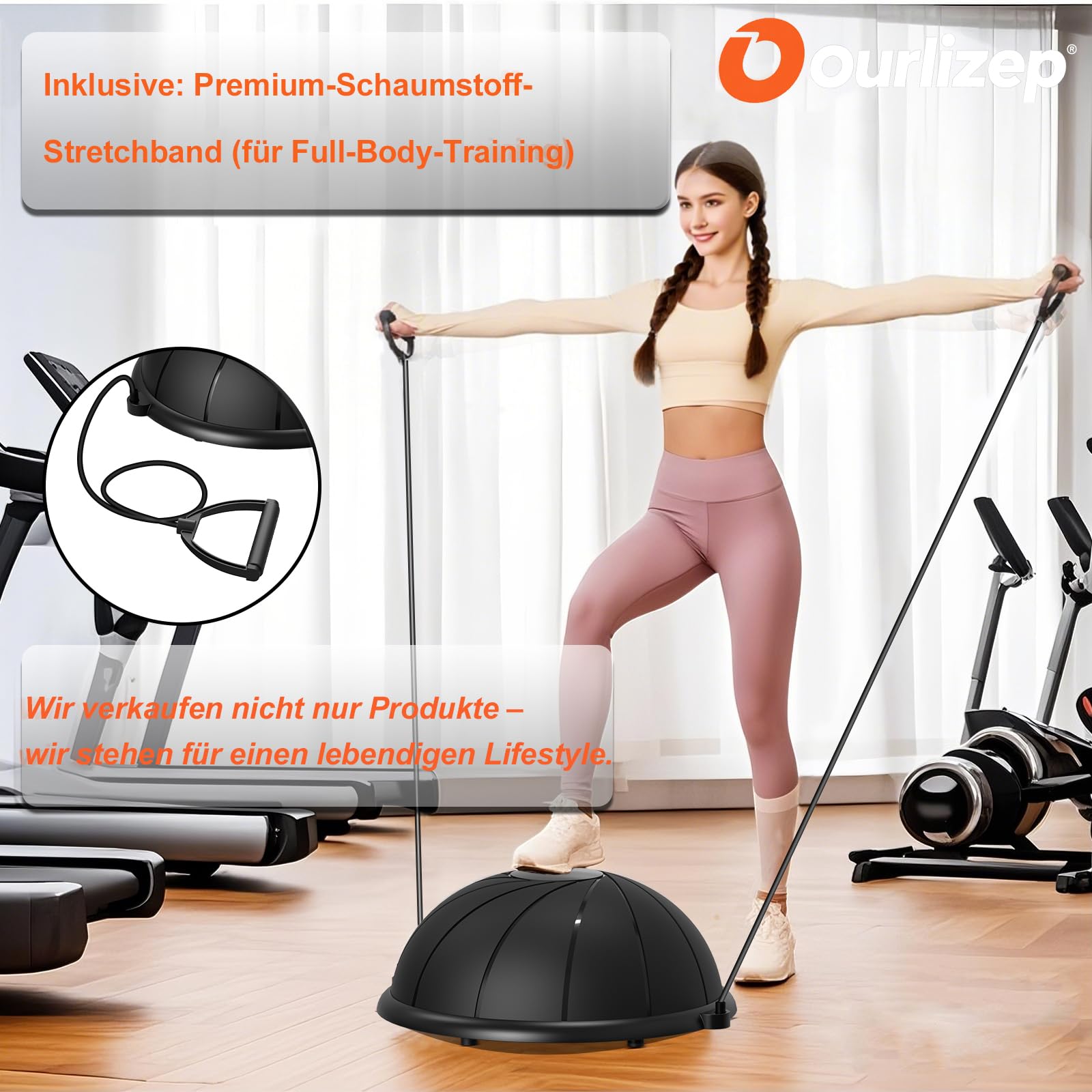 Ourizep Balance Ball bis 300 kg | Trainingsball | Halbkugel mit Expander und Pumpe | rutschfest | Yoga Ball für Krafttraining | 60 cm