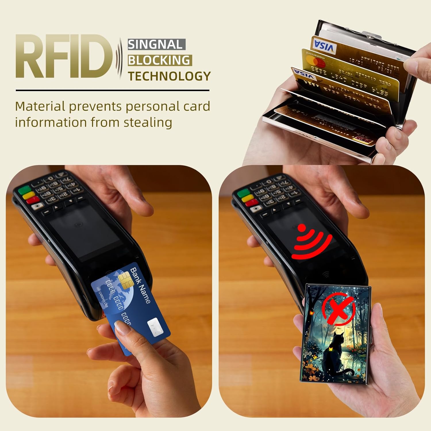 Credit Card Holder Metal Wallet for Women Men, RFID Blocking Slim Metal Credit Card Wallet, Aluminum Hard Business ID Card Case Wallet with 6 Card Slots, Black Cat Forest - Image 5