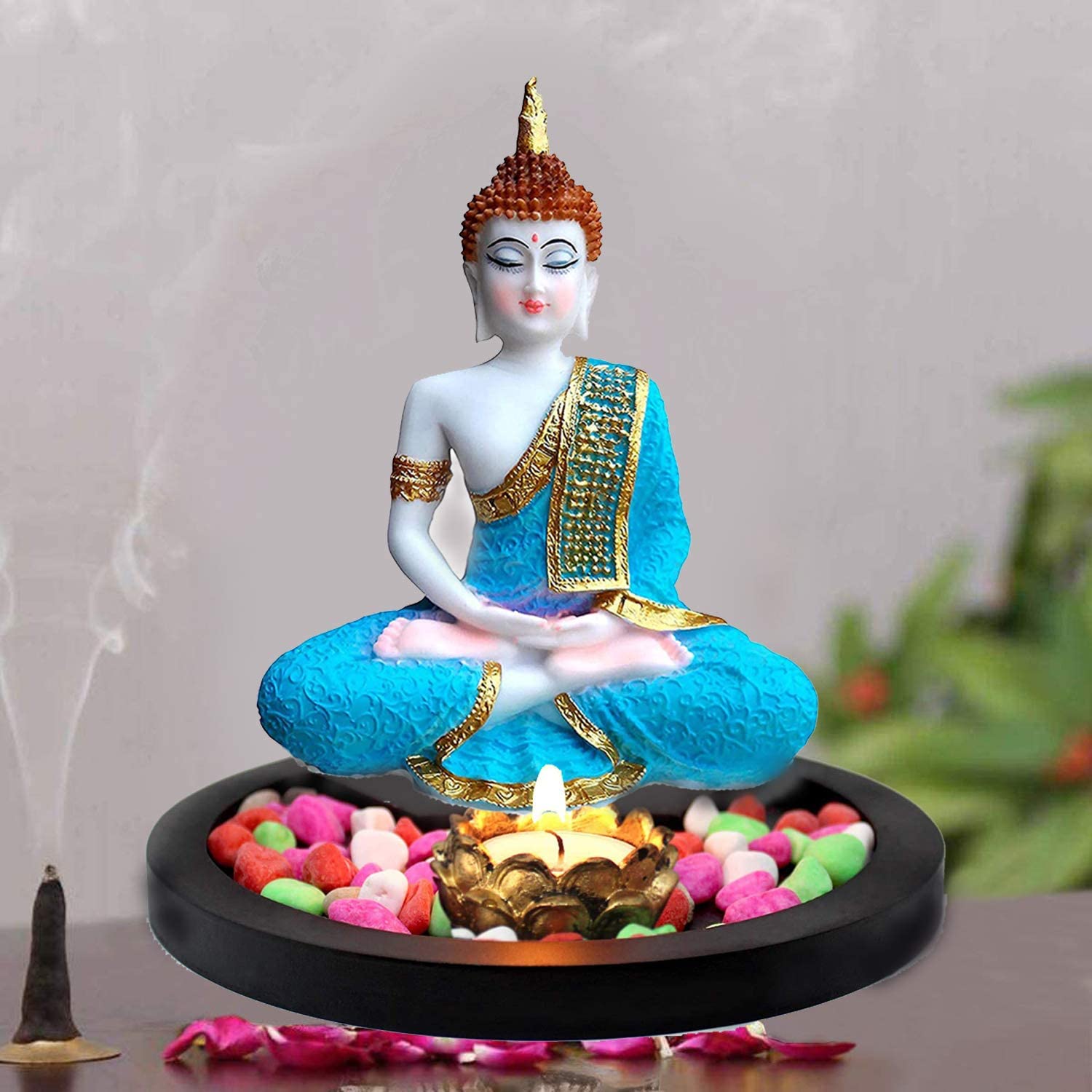SN Handicrafts Sitting Buddha Idol Resin Statue Showpiecefor Living Room Home Decor and Gifts-with Wooden Flowers Natural Stone Tealight Candle Holder and Wooden Tray 1 Piece (Sky Blue) (B0BM6GZZKR) Amazon Price History, Amazon Price Tracker