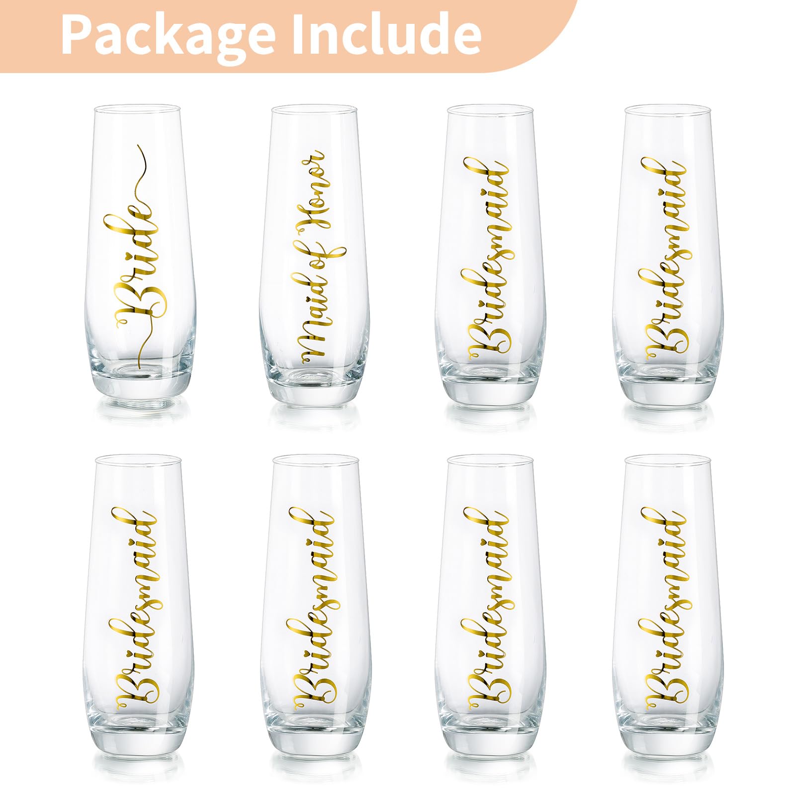 Nuptio Copas de champán para regalo de boda: juego de 8 vasos grabados Bride Bridesmaid Dama de honor champán Prosecco Glasses Gold Tumbler Fiesta Copa de champán Flautas de champán regalo sin tallo