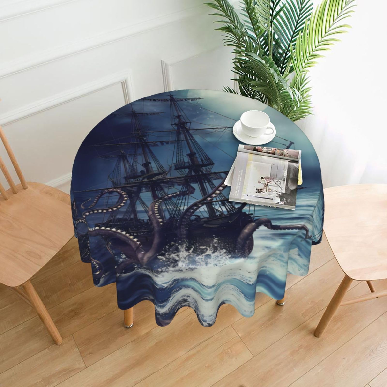 WHJSSF Ship Ocean Prints Round Decorative Table Throw 60 Inch – Waterproof Table Cover for Dining, Coffee Tables, and Outdoor Events