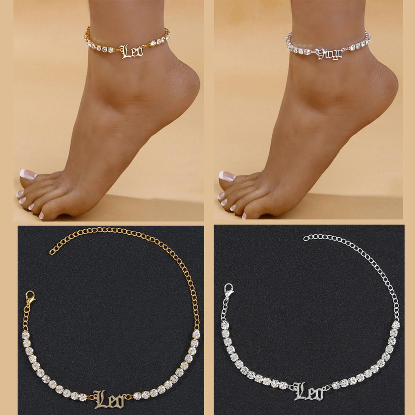 Tobillera de acero inoxidable con constelación for mujer, con letras de diamantes de imitación en inglés, circonita, joyería de playa.,Tobilleras