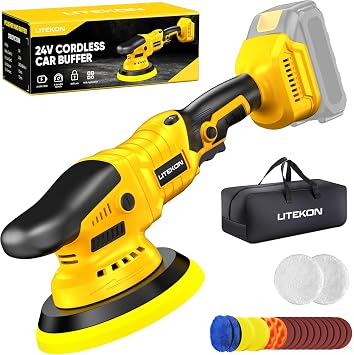 Cordless Buffer Polisher Kit Compatible With De-Walt 20V BatteryNo Battery, 2800-5800RPM High Power Orbital Car Polisher with Variable Speed, 21PCS Polishing Accessories, for Car Polishing/Waxing