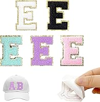 Yovell 5-Pack 2.2 Inch Self-Adhesive Chenille Letter E Patches - Iron-On Embroidered Applique Stickers for Clothes, Backpacks, Hats, DIY Crafts (Pink, White, Black, Purple, Blue)
