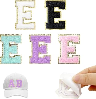 Yovell 5-Pack 2.2 Inch Self-Adhesive Chenille Letter E Patches - Iron-On Embroidered Applique Stickers for Clothes, Backpacks, Hats, DIY Crafts (Pink, White, Black, Purple, Blue)