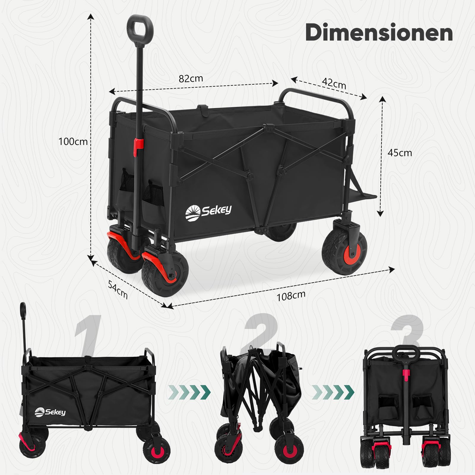 Sekey Bollerwagen Faltbar XXL 200KG 155L, Breite Blasformräder Speziell als Faltbarer Bollerwagen Strand, Strandwagen Klappbar mit Heckklappe, Diamant 2001, Schwarz