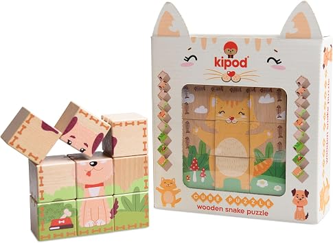 Kipod- Wooden Cube Puzzle- 2 in 1 Toddler Snake Cube- Natural Wood- Develops Fine Motor Skills, Problem Solving & Hand Eye Coordination for Kids Ages 2-6
