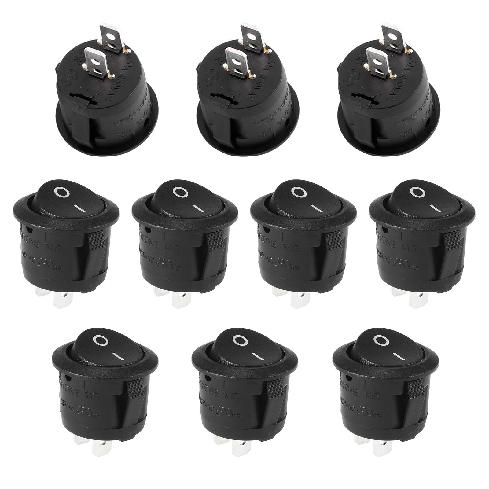 RuoFeng 10Pcs Snap-in Round Rocker Switch SPST Mini Toggle Switch 2 Pin 2 Position Black Button Power ON Off Switch AC 10A/125V 6A/250V, Used for Auto
