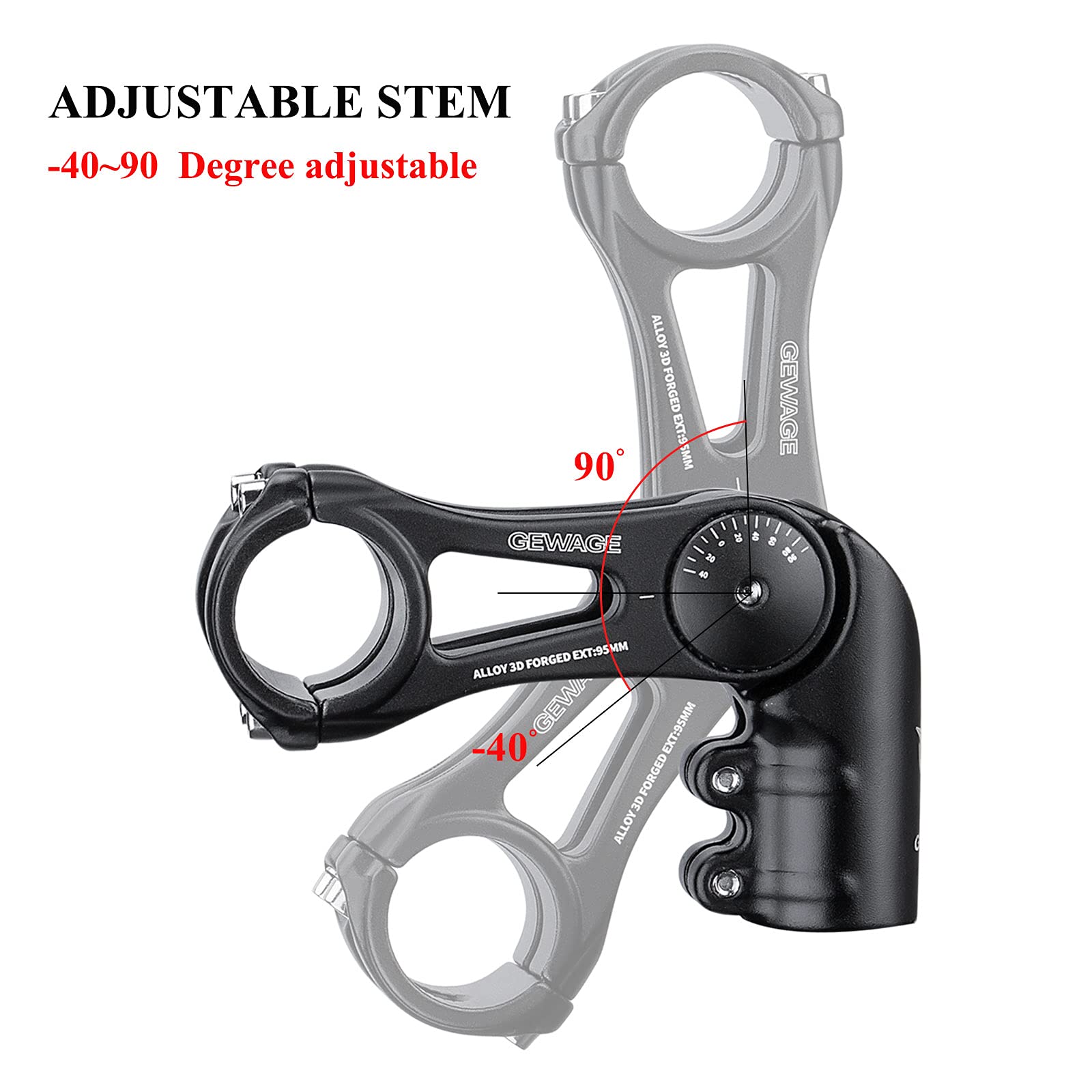GEWAGE Potence de vélo – Réglable à 130 degrés – 75 mm, 90 mm, 130 mm – Pour guidon de 31,8 cm (1-1/4") – Convient à la plupart des VTT, vélos de route, BMX (XT-A825D-95)