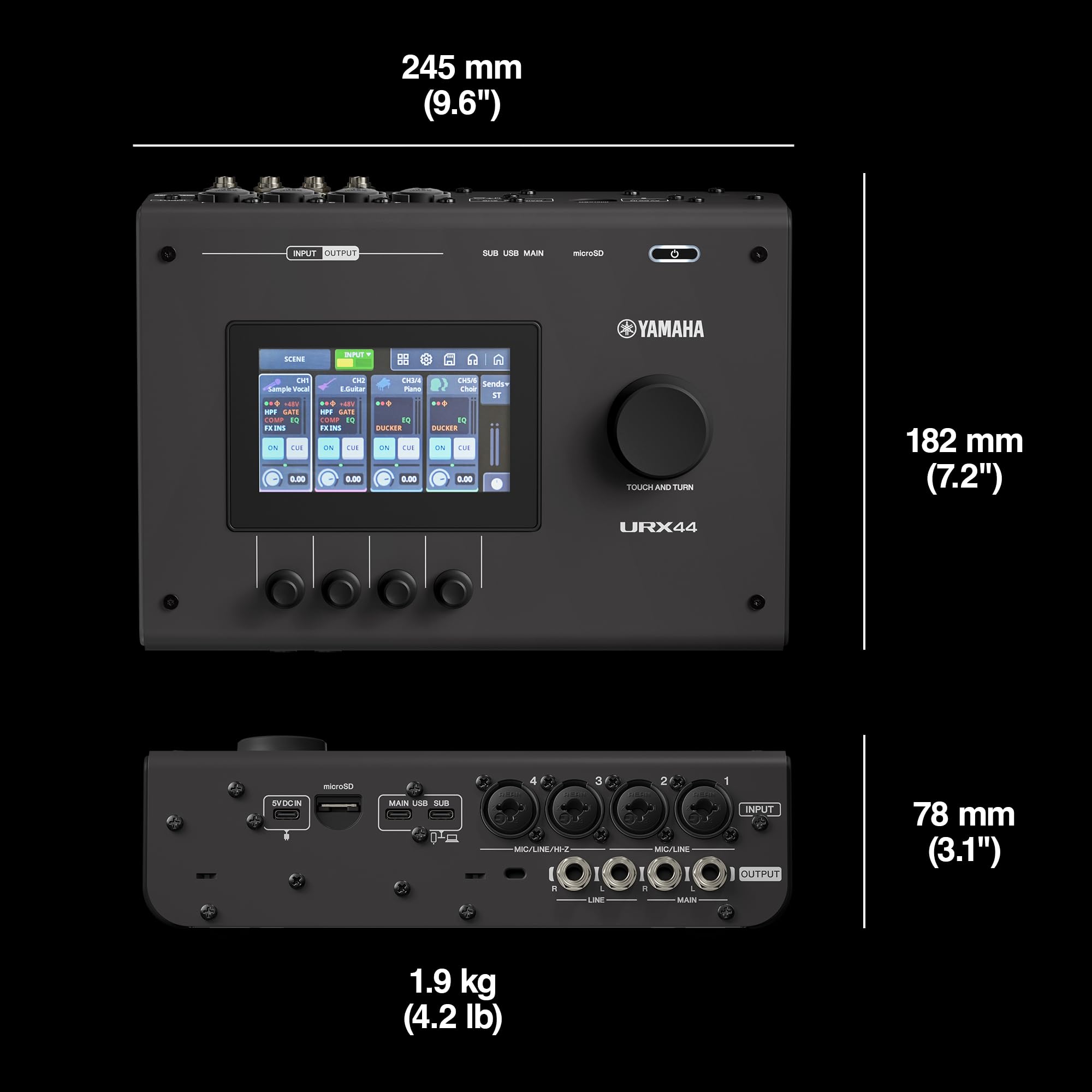 YAMAHA URX44 Interfaz de Audio USB-C – Interfaz compacta 6 entradas/4 salidas, audio 32 bits/192 kHz, pantalla LCD táctil, DSP integrado, Auto Gain y grabación multipista – Negro