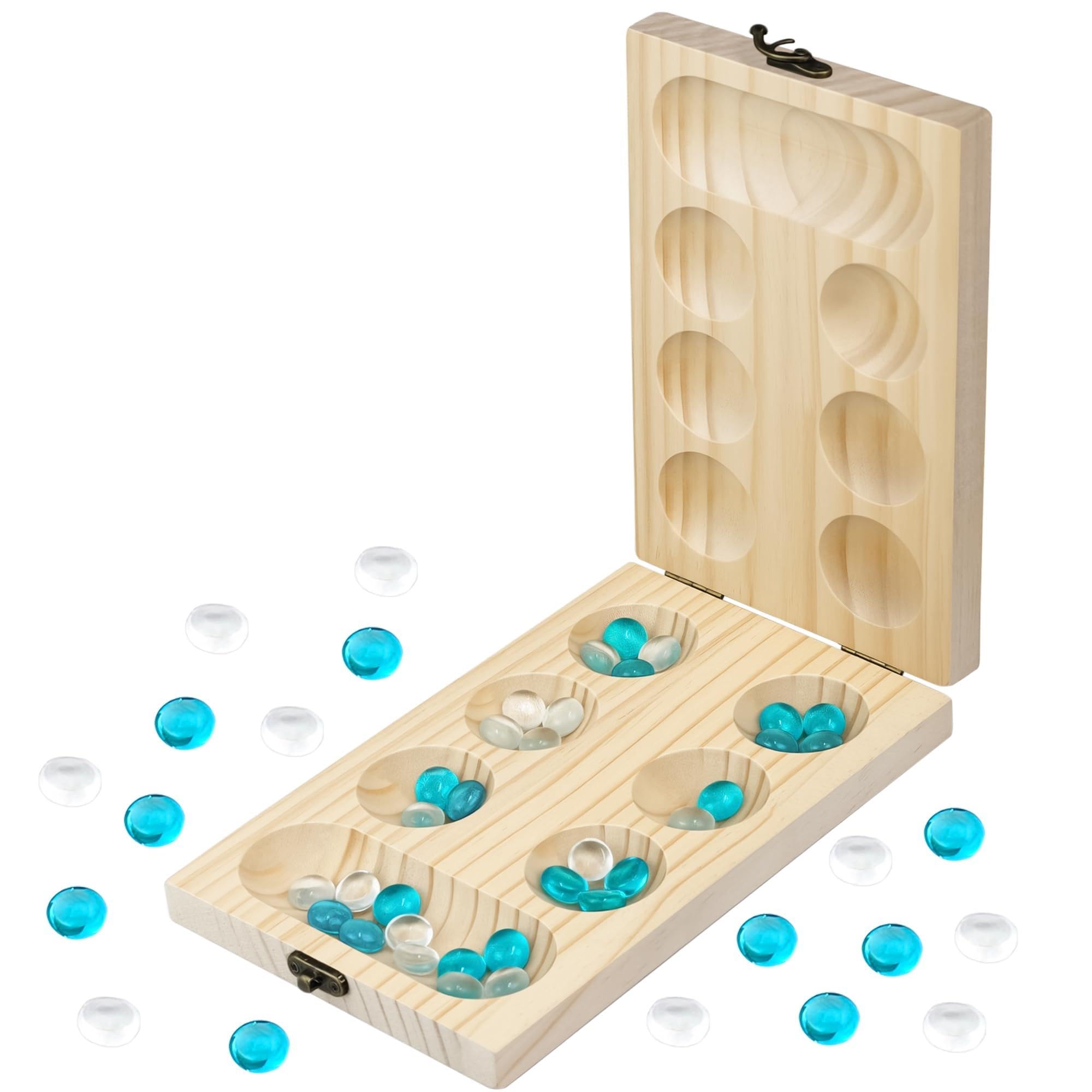 Mancala Board Game, Stone Game, Strategy Game, Thickened Natural Wood + Beautiful Colourful Stones + Storage Bag, An Intelligence Game Suitable for Friends, Family and Children โ image 1