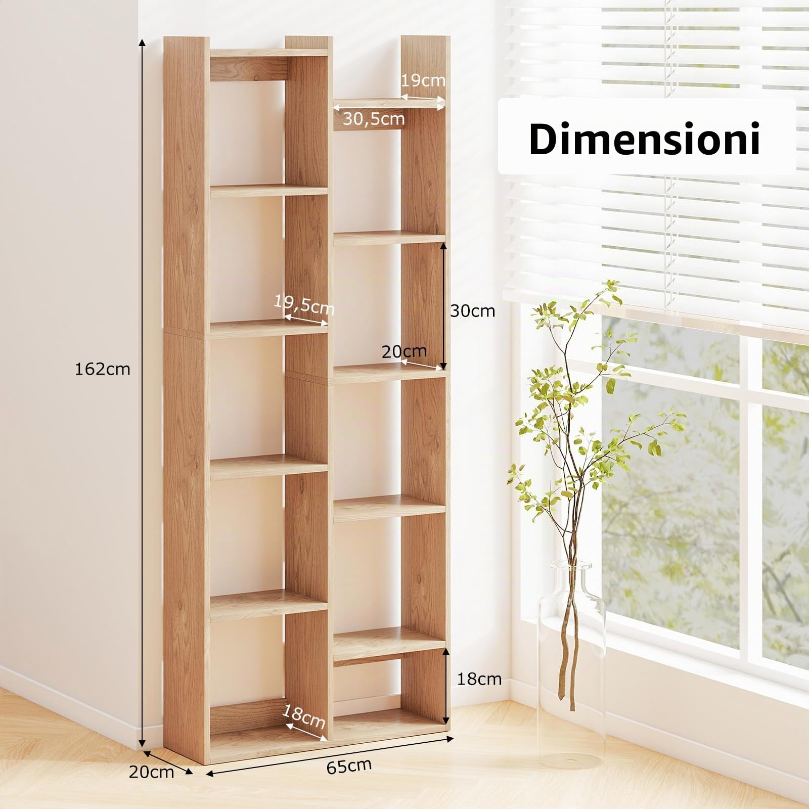 COSTWAY Scaffale in Legno per Libri, Libreria a 12 Ripiani con Kit Anti-Ribaltamento, Unità di Stoccaggio a Forma di Albero, Ideale per Casa Ufficio, 65 x 20 x 162 cm (Naturale)