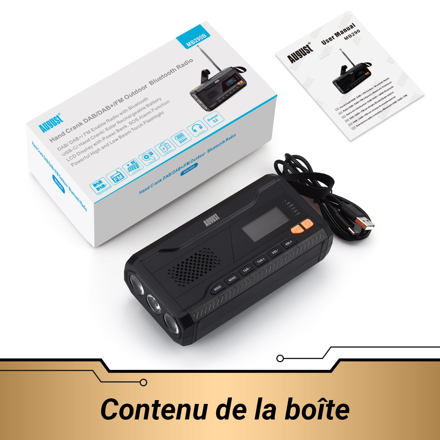 August MB290B - Radio Dynamo de Survie Portable, Solaire à Manivelle FM/Dab/Bluetooth, Batterie 4500mAh, Chargeur USB pour Téléphone, Lampe Torche/SOS - Idéale pour Camping/Extérieur/Urgence - Noir