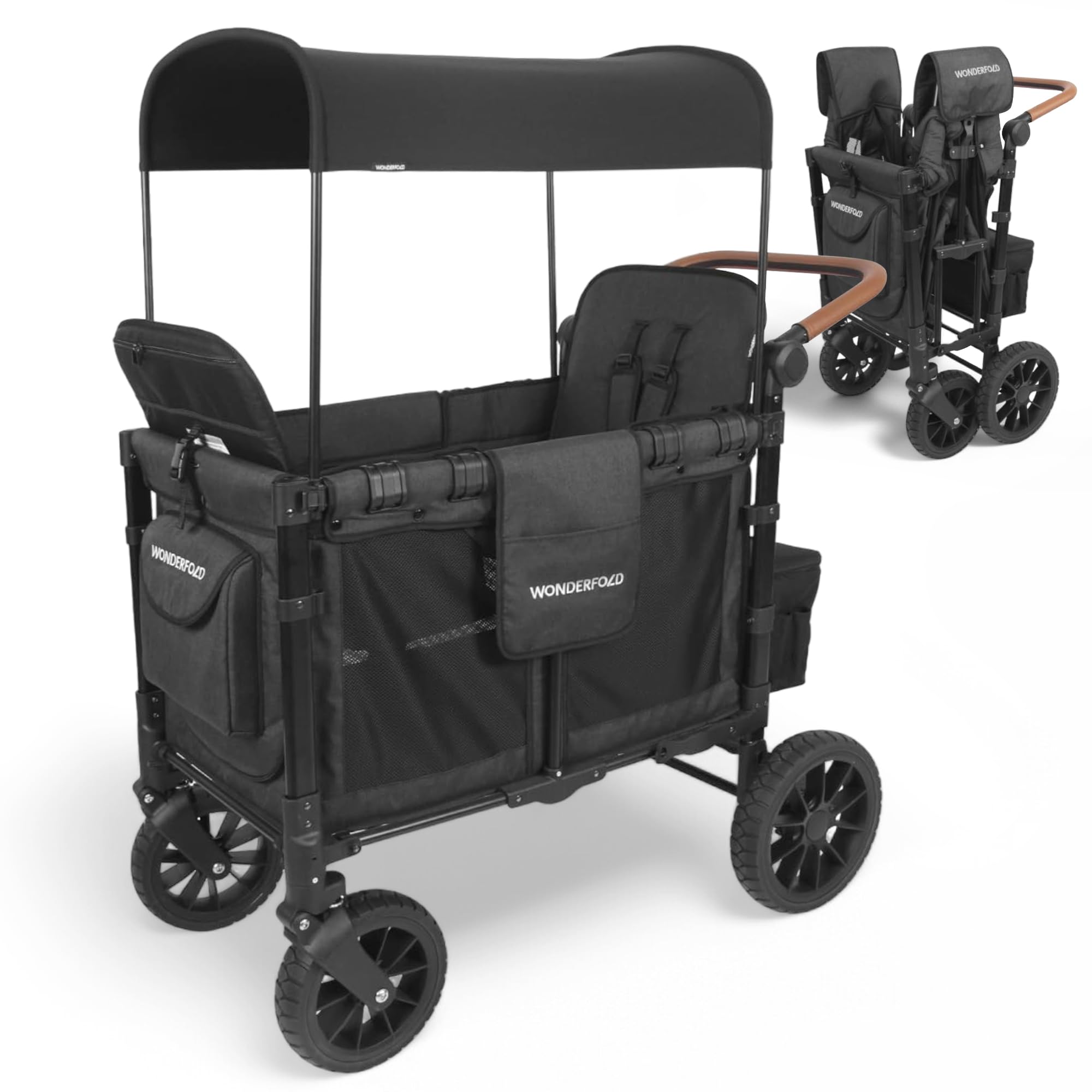 WonderFold W2 Luxe KinderVan 2 Hochsitze 5-Punkt-Sicherheitsgurten verstellbarer Schiebegriff UV-Schutzverdeck Volcano Black