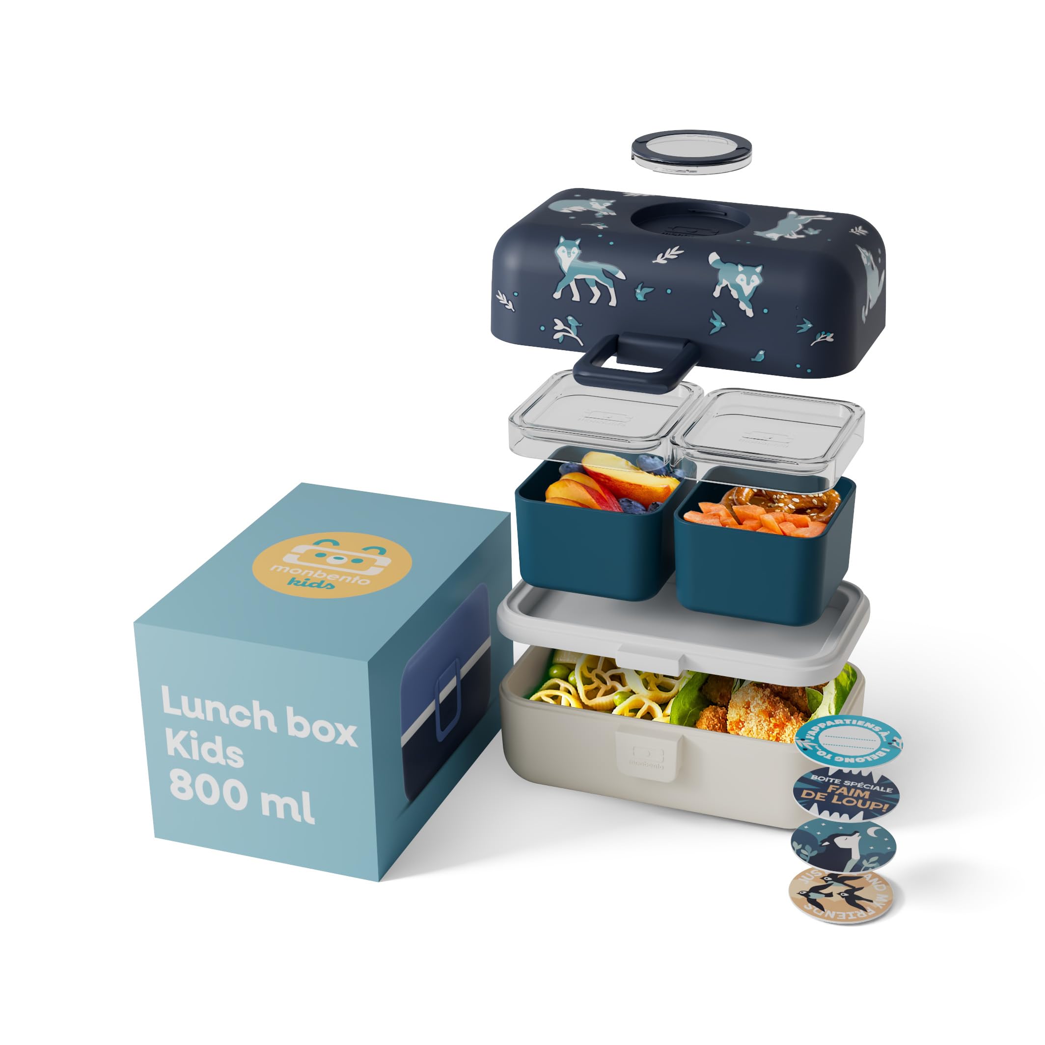 monbento Pudełko na lunch Bento dla dzieci Tresor Blue Wolf – 3-komorowe pudełko na lunch dla dzieci – idealne na podróż / piknik – konfigurowalne pudełko na przekąski, nie zawiera BPA i wytrzymałe