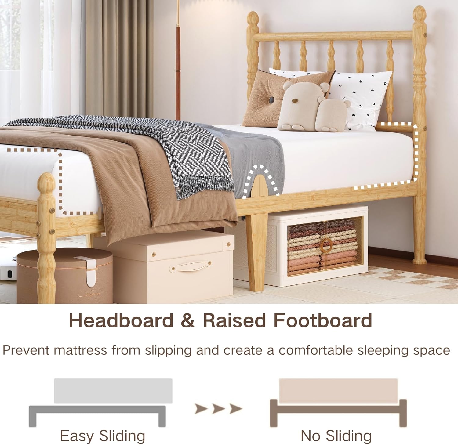 Hunlostten Wood Bed Frame Twin Size, 14 Inch Solid Bamboo Platform Bed with Headboard and Footboard, Heavy Duty Steel Slats Support, No Box Spring Needed, Easy to Install