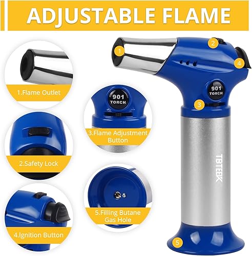 Vista 11 de TBTEEK Antorcha de butano, soplete de cocina con bloqueo de seguridad y llama ajustable para cocinar, barbacoa, hornear, brulee, crema, soldadura