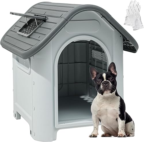 YITAHOME Casa grande para perros de 30 pulgadas, casa para perros de plástico resistente al agua con tragaluz ajustable y base elevada para perros
