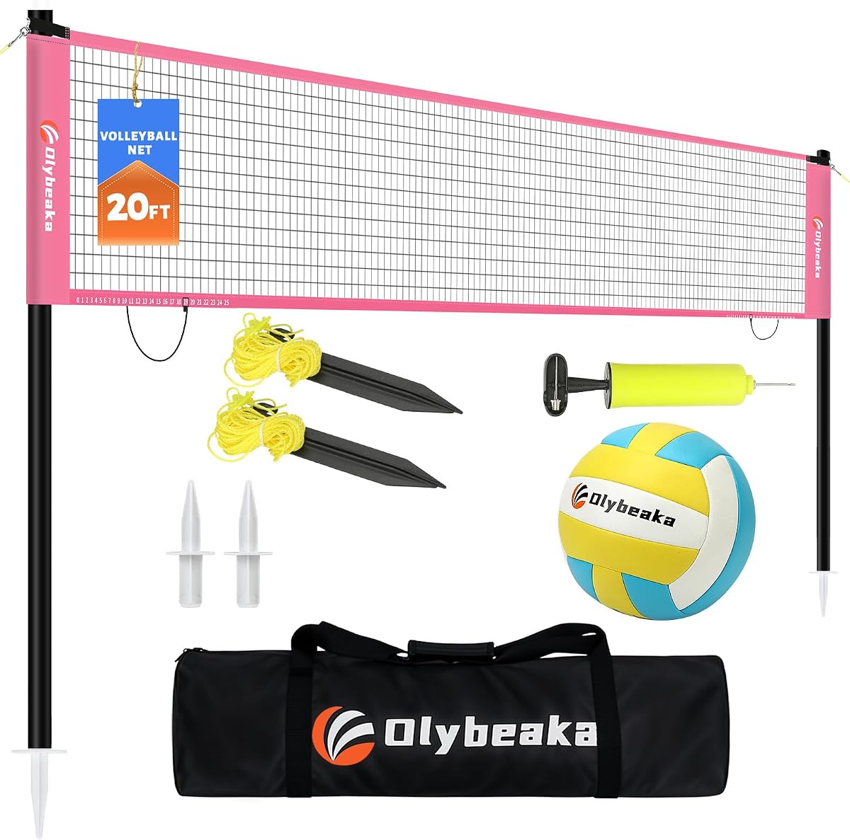 Juego de red de voleibol portátil para exteriores de 20 pies/32 pies, 4 alturas ajustables | Sistema completo de voleibol con red de PE, voleibol de PU, bomba, postes y bolsa de transporte para patio, playa, parque y juegos familiares.