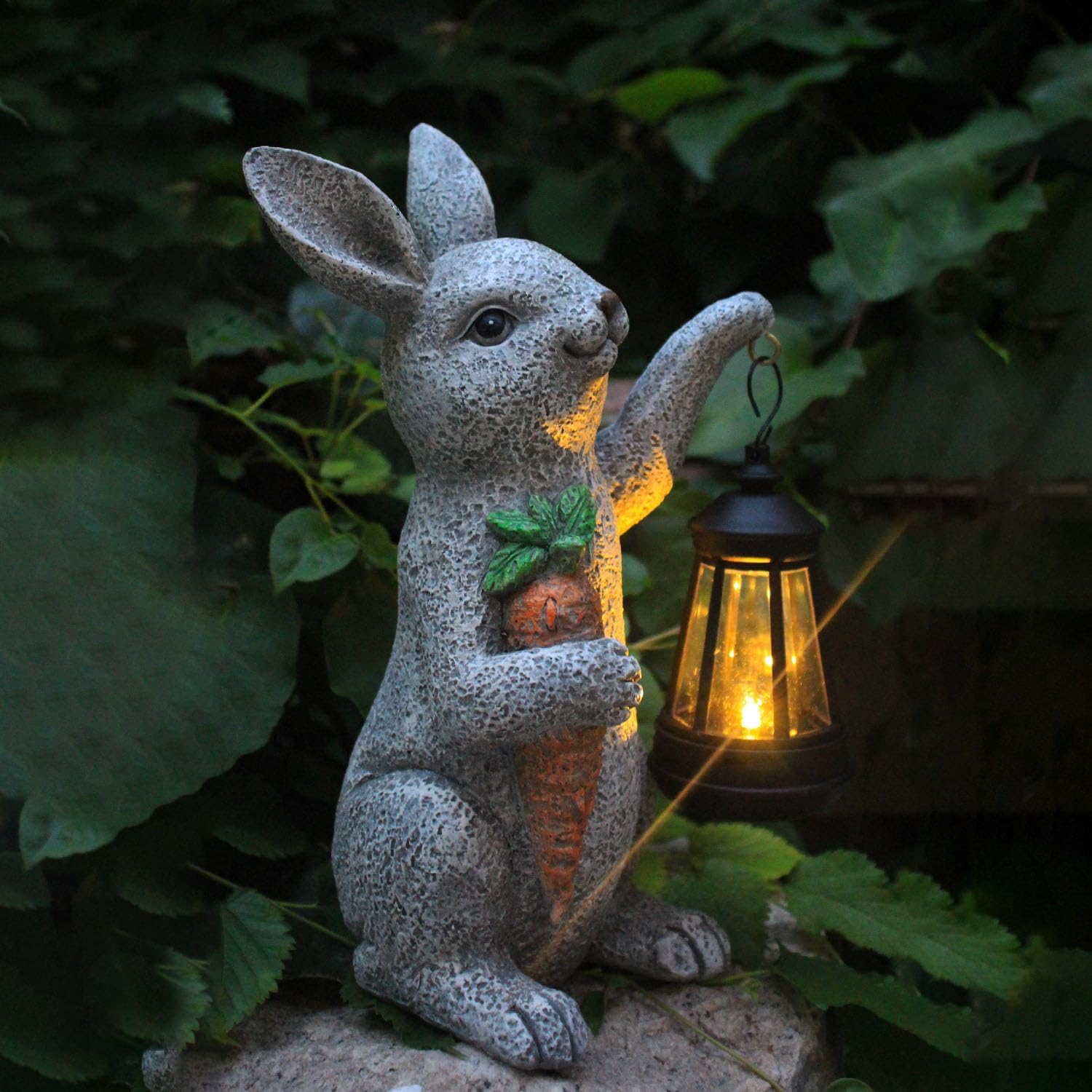 Garden Statues Rabbit Solar Lantern Outdoor Handmade Resin Statue with Cute Carrot for Patio, Yard, Ideas (rabbit1)