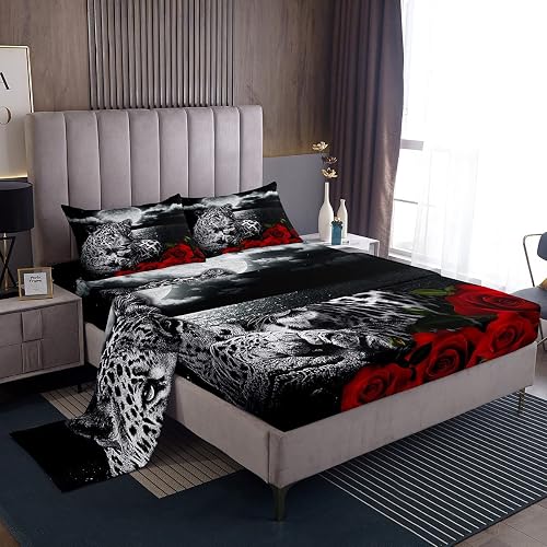 3D Leopard Bedding Set King Size,Red Rose and Night Moon Sheet Sets 4pcs,Kids Gi