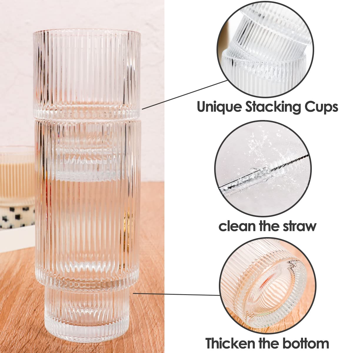 Vintage Ribbed Glassware Set Of 4, 16oz Fluted Drinking Glasses - View #3