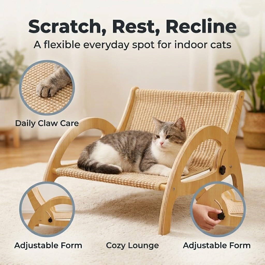 Adjustable Sisal Cat Scratcher Lounge Chair, Wooden Reclining Lounger Bed with Elevated Scratch-and-Rest Design for Indoor Cats, Natural Finish
