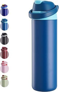 Fijinhom 24 oz Insulated Water Bottle, Stainless Steel Water Bottle with 2-in-1 Straw and Push-Button Spout Lid, Keeps 24 Hours Cold, Double Wall Vacuum Leak-Proof & BPA-Free for Sports, Travel, Blue