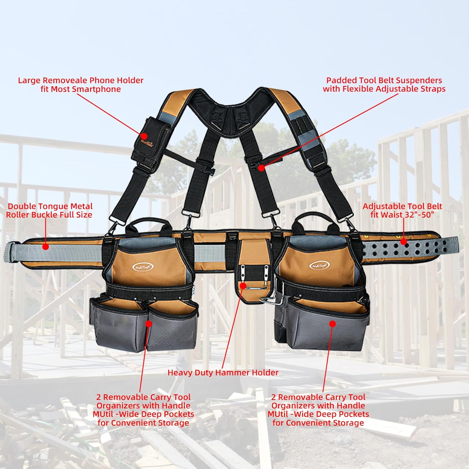 MELOTOUGH 28-Pocket Pro Framer's rig Combo Apron Tool Belt and Heavy Duty Padded Suspenders with Magnetic Desinger for Technician/Carpenter/and Electrician's Tools (Khaki)