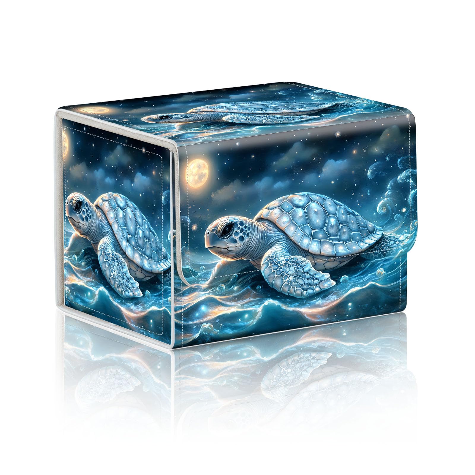 DISUOFEART Trading Card Storage Box, Holds 100+ for MTG Cards, PU Leather with Magnetic Closure, Blue Turtle in Moonlit Ocean Waves Durable Deck Box for Magic the Gathering, Trading Card Games