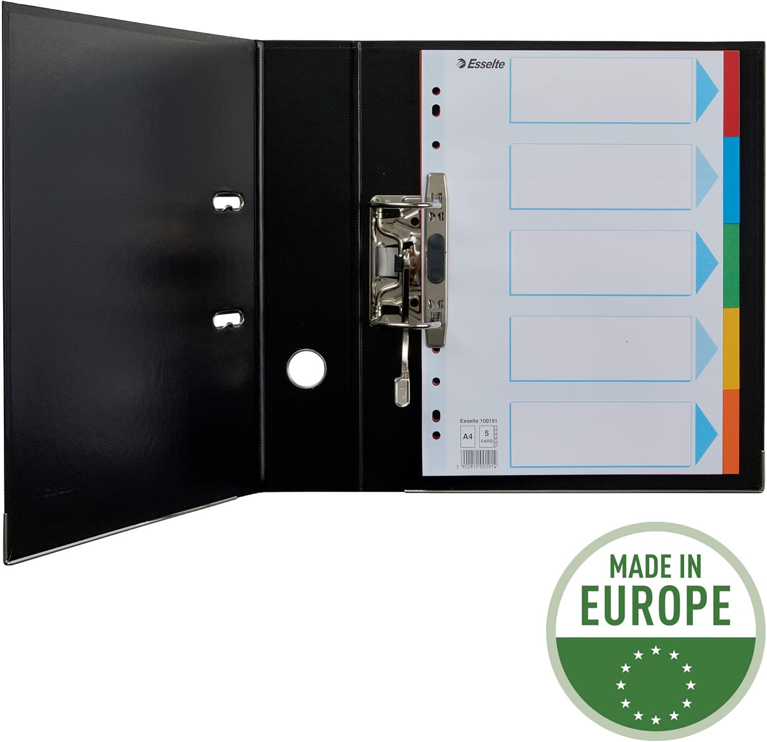 Esselte A4 Card File Dividers. 5 Parts Coloured Folder Dividers with Identification Front Sheet, for Ring Binders and Lever Arch Files. Made from Durable, Recycled Card