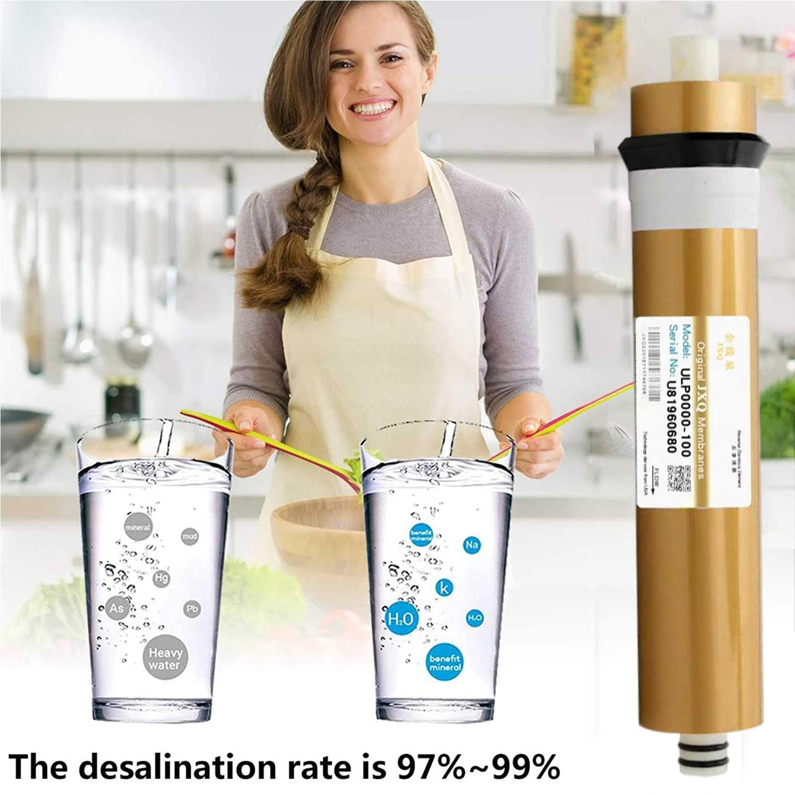 1 filtro a membrana RO di ricambio, filtro a membrana per osmosi inversa da 11,75"x1,75", per sistema di filtrazione dell'acqua potabile RO sottolavello, oro(3213-800G)