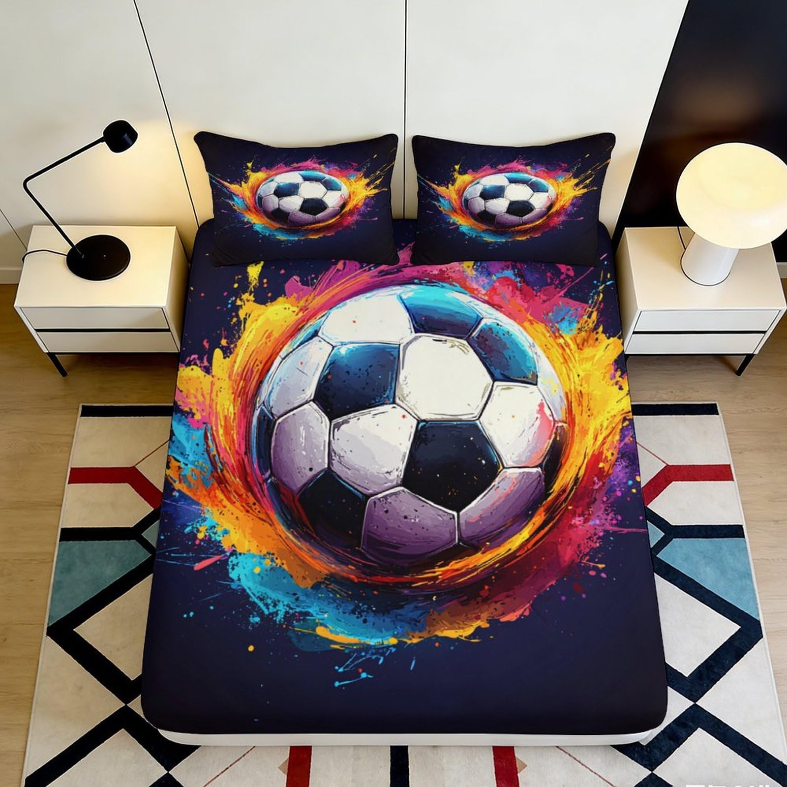 3D Printed Soccer Fireball Fitted Sheet Microfiber Soft Breathable Football Splash Bed Cover for Bedroom Dorm Decor 90x200x25cm