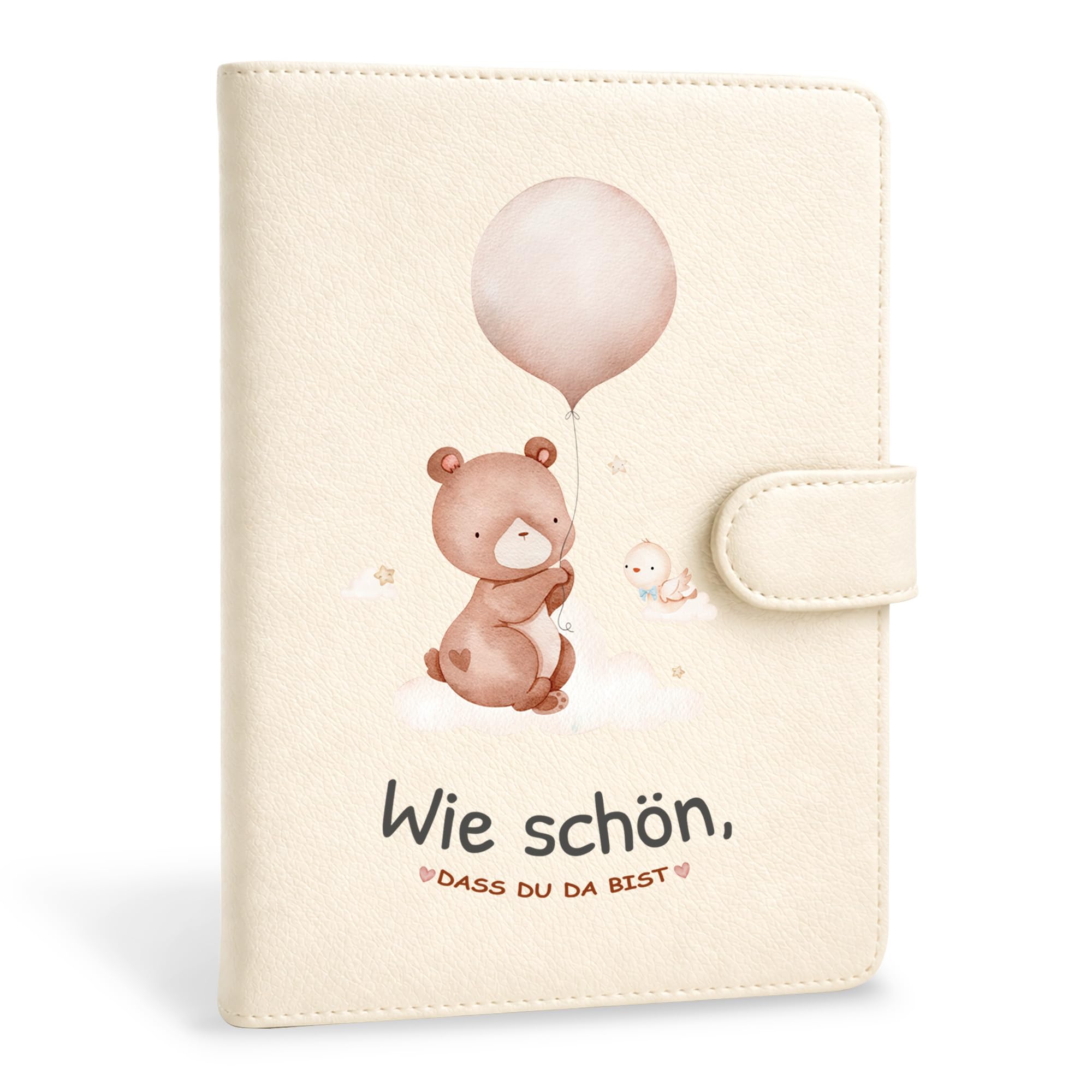 Nur für den deutschen Mutterpass geeignet – Mutterpasshülle aus Leder mit Magnetverschluss, Organizer mit Fächern für Ultraschallbilder und Impfpass, Geschenk für Schwangere (Bär mit Ballon)