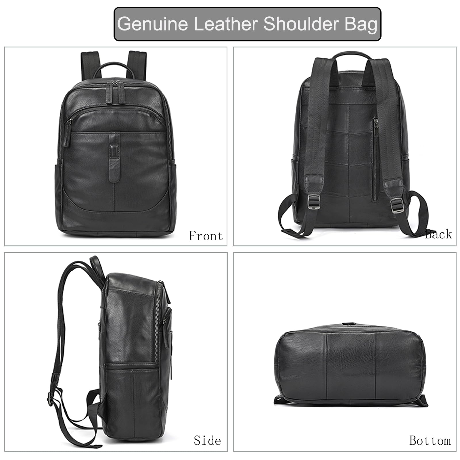 LUUFAN Borsa a tracolla in vera pelle per uomo, zaino casual con tasche multiple da 15,6 pollici, borsa per laptop per viaggi, lavoro all'aperto, nero