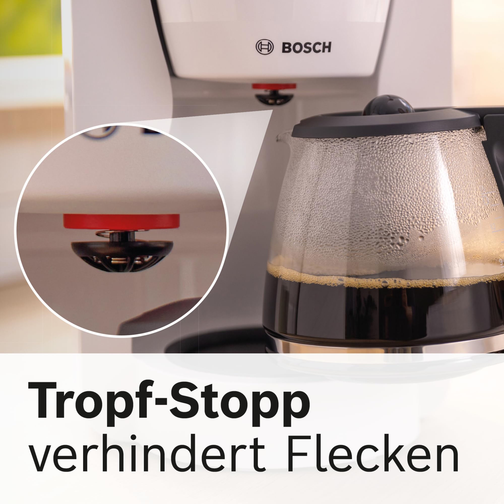 Bosch MyMoment TKA3M131 przelewowy ekspres do kawy, szklany dzbanek 1,25 l, na 10-15 filiżanek, funkcja utrzymywania ciepła 60 min, blokada kapania, obrotowy uchwyt filtrujący, program odkamieniania,