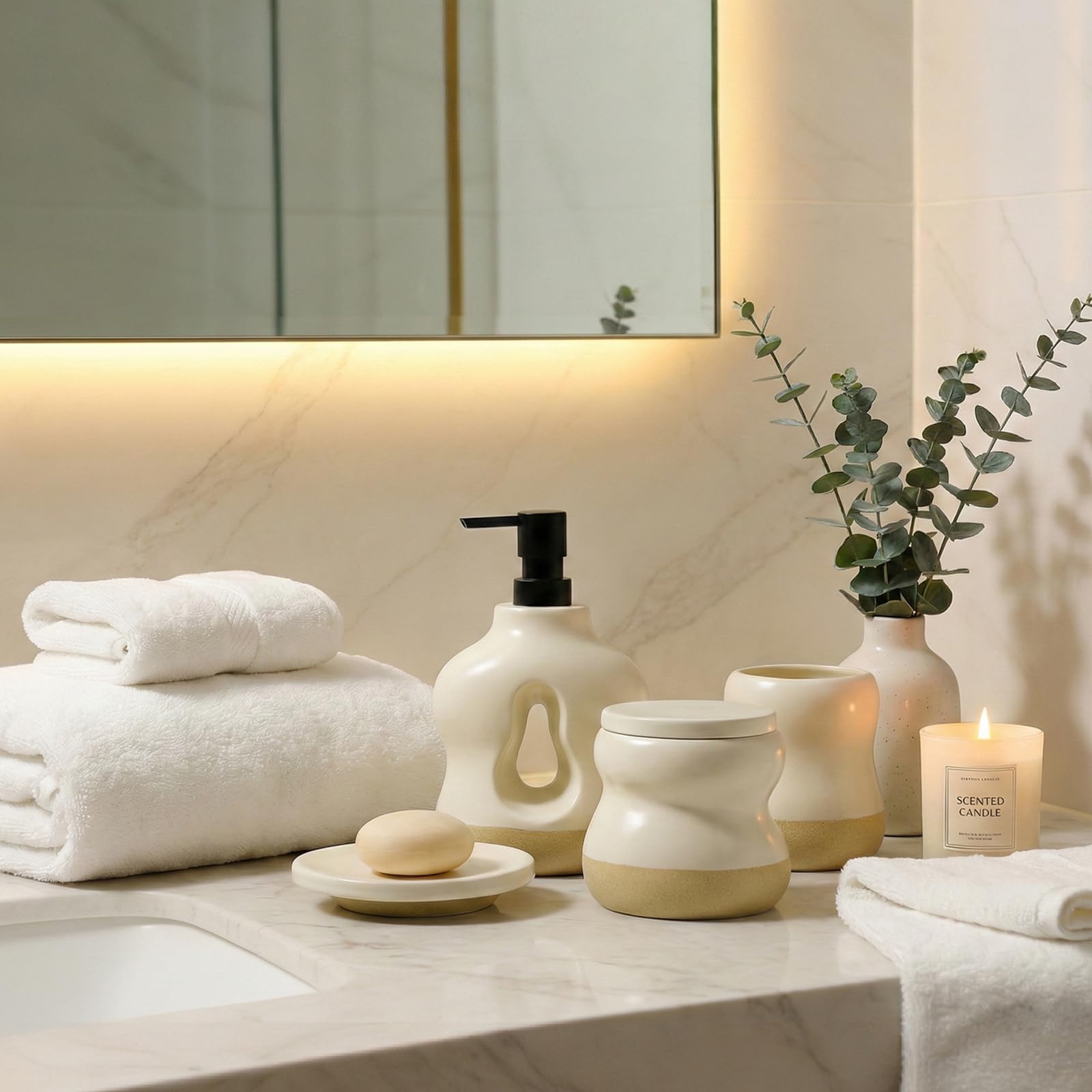BosilunLife Badezimmer-Zubehör-Set mit 4 Stück, Beige und Orange, Badezimmer-Countetop-Seifenspender-Sets, Zahnbürstenhalter und Seifenschale, Apothekerglas