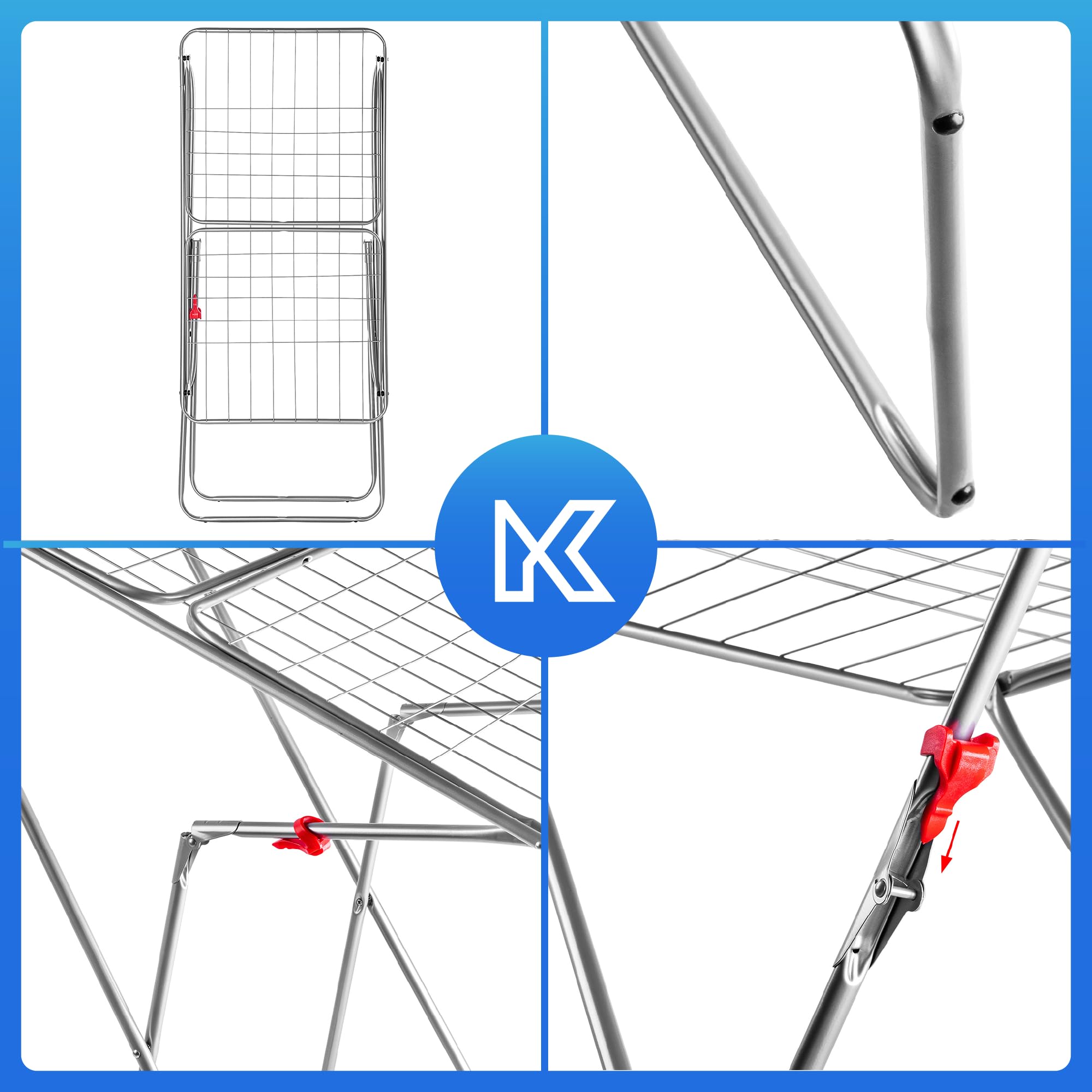 KADAX étendoir à Linge sur Pied à Ailes - Acier argenté L 18 m - pour Appartement - Pieds antidérapants et Format Pliable Gain de Place Made in UE
