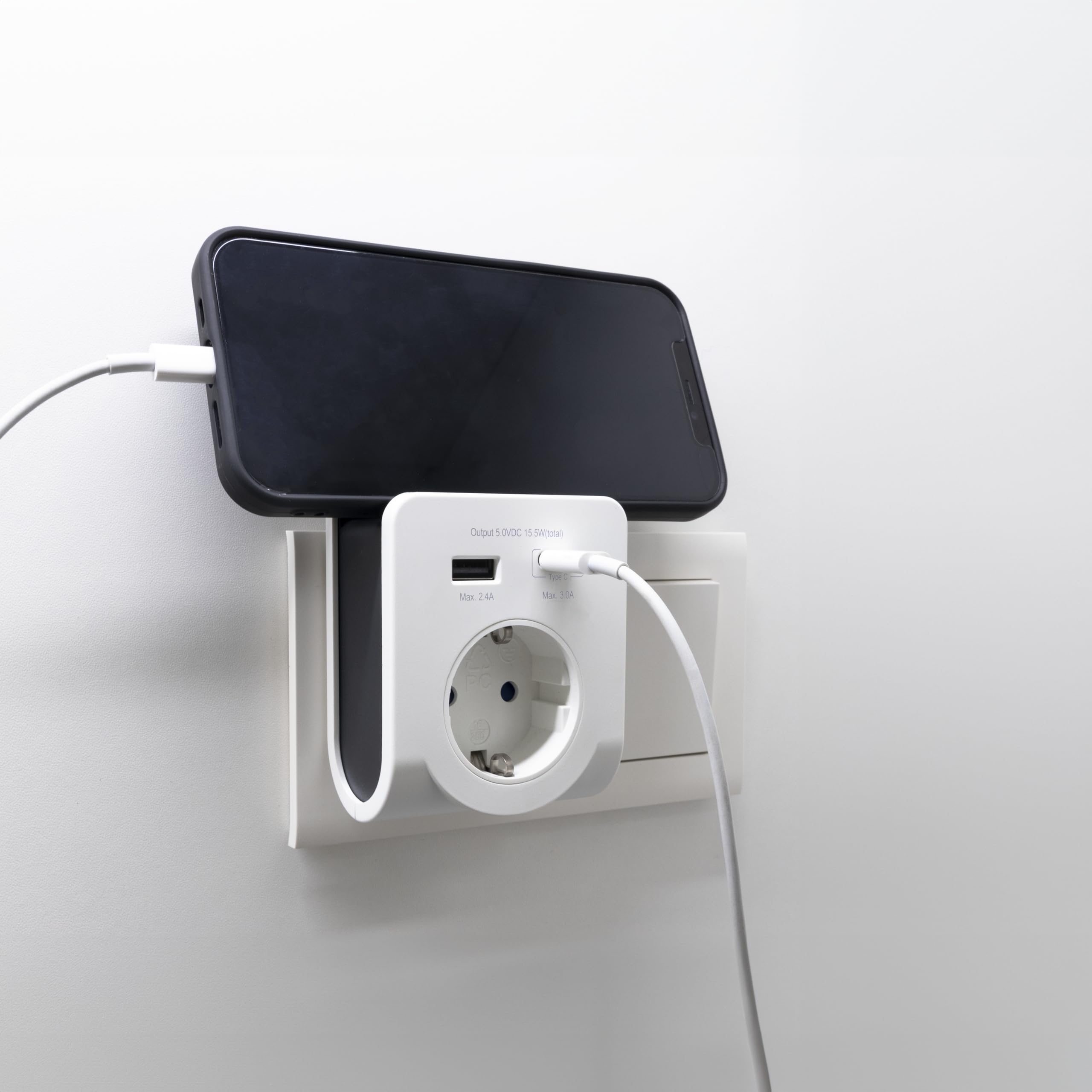REV Ładowarka USB – adapter gniazda wtykowego z praktyczną półką na smartfon, w zestawie USB (typ A i C), gniazdko 230 V, kolor biały